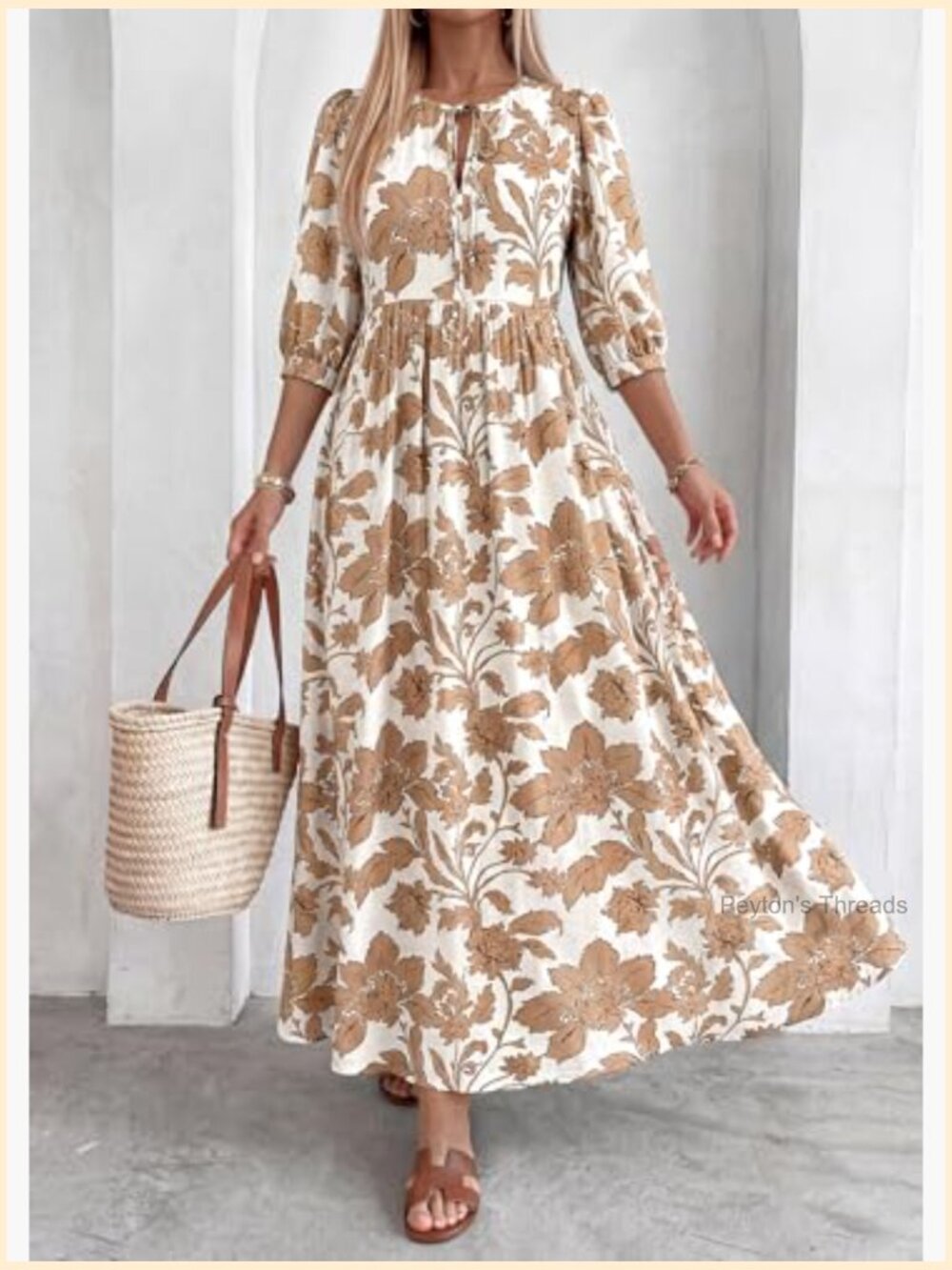 Boho Floral 3/4 Sleeve Maxi Dress with Pockets - Flowy - Picture 5 of 7